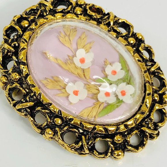 Vintage Bubble Brooch Pressed Flowers Antique Gold - Picture 8 of 9